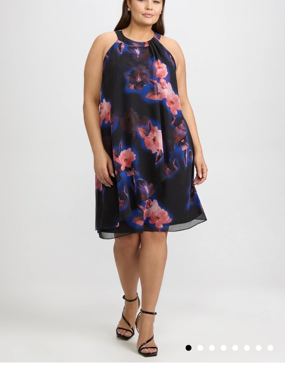 Floral Halter Mini Dress in Black with Pink Bloom